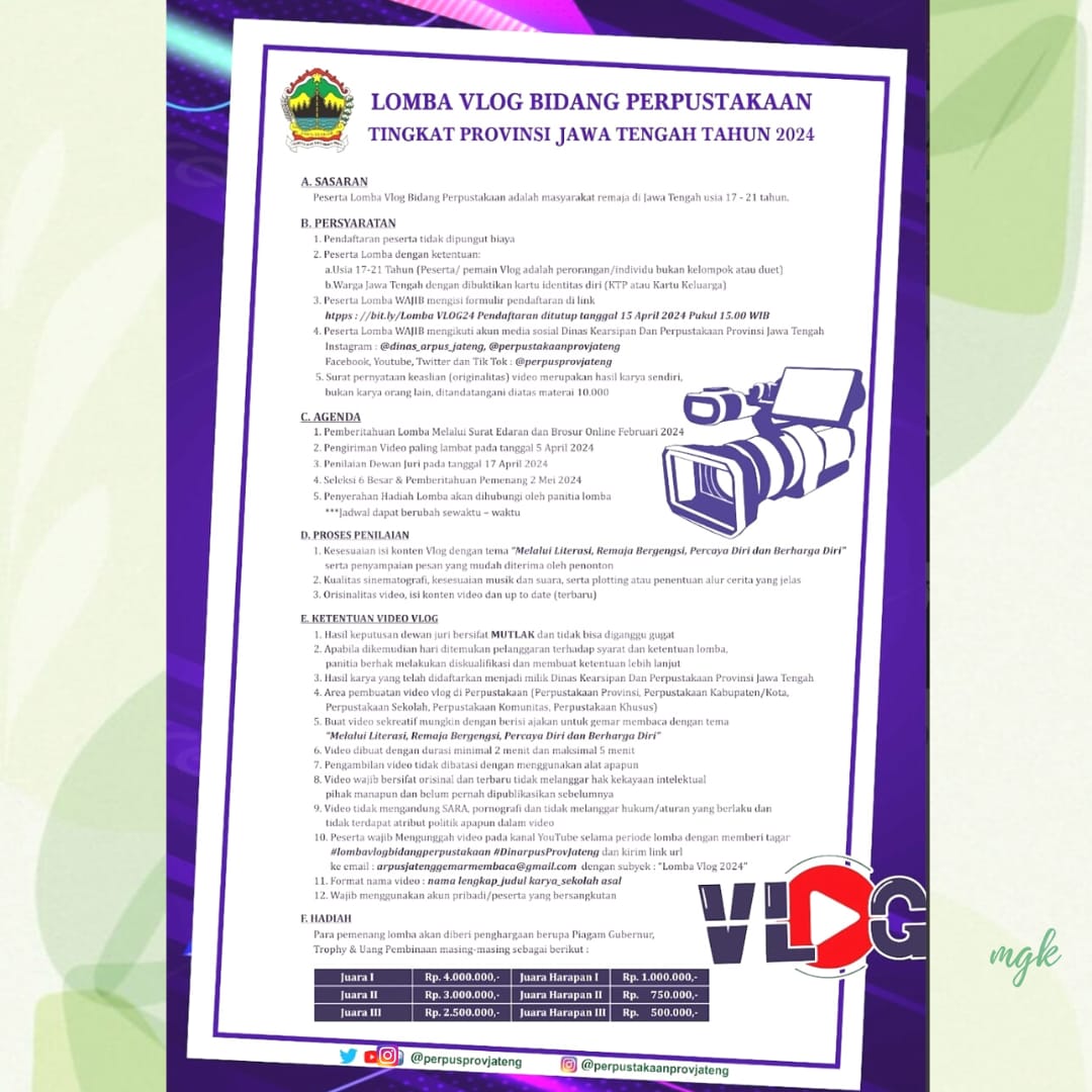 Flyer Lomba Vlog Bidang Perpustakaan Tingkat Provinsi Jawa Tengah Tahun 2024 