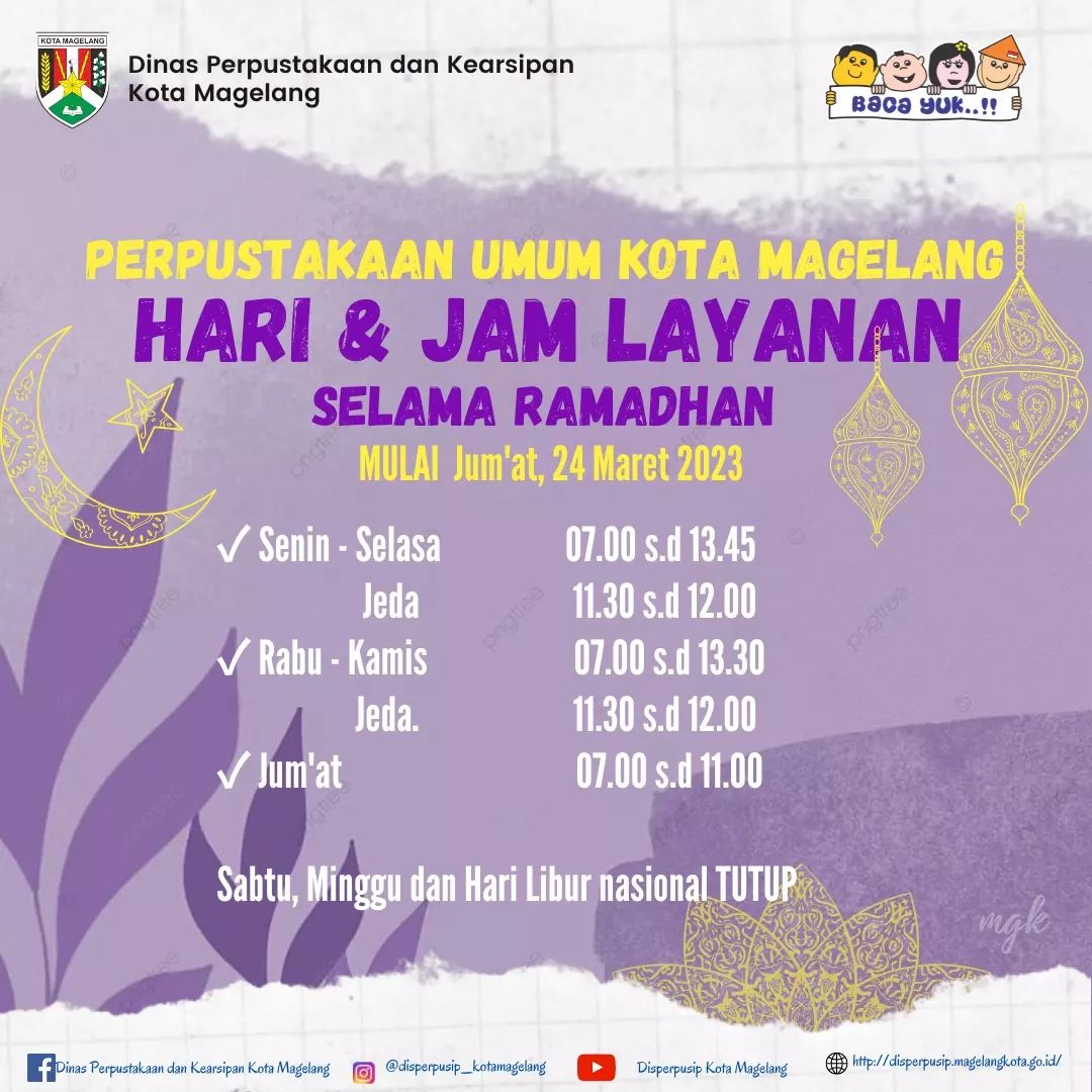 Hari dan Jam Layanan Perpustakaan Kota Magelang Selama Ramdhan 2023