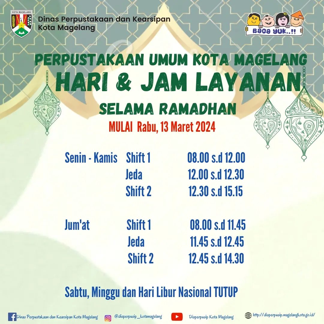 Jam Layanan Perpustakaan Umum Kota Magelang Selama Bulan Ramadhan Tahun 2024
